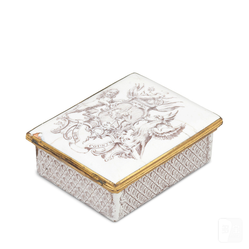 A rare Battersea enamel Anti-Gallican Society snuff box, circa 1753-56